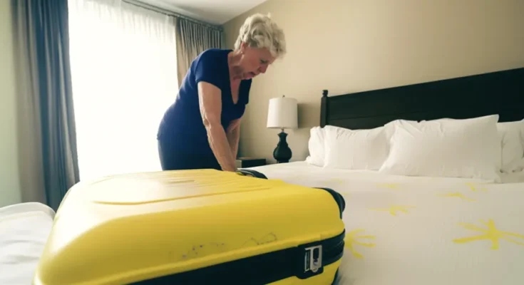 An elderly woman leaning over a bed, with a suitcase in the foreground | Source: Amomama