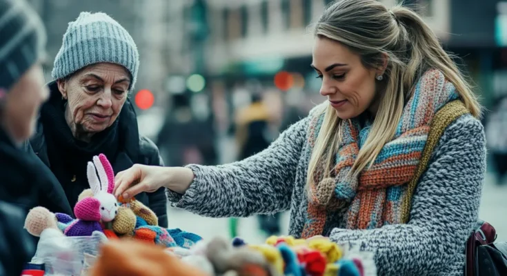 Woman buying a knitted bunny | Source: Midjourney