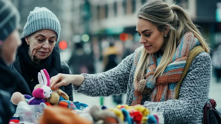 Woman buying a knitted bunny | Source: Midjourney