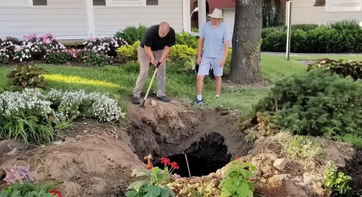 Two people digging a hole outside a house | Source: AmoMama