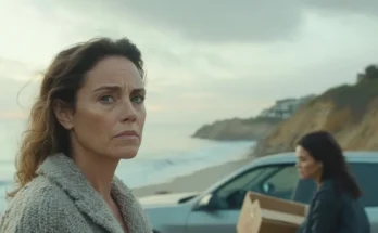 Woman standing by the ocean while another woman carries a box in the background | Source: Midjourney