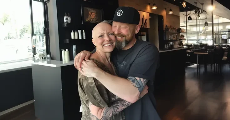 A man hugging an emotional bald woman in a hair salon | Source: AmoMama