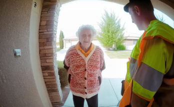 A woman and a contractor standing near a doorbell | Source: Amomama