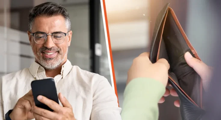 A man looking at his phone and an empty wallet | Source: Shutterstock