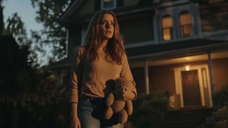 A tense woman peers into the darkness, clutching a toy bear | Source: Midjourney