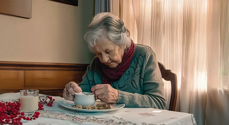 An elderly woman having a beverage and cakes | Source: Amomama