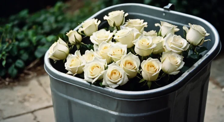 A bouquet of white roses in a trash can | Source: AmoMama