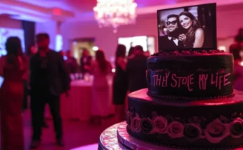 Black cake with a couple photo and words "THEY STOLE MY LIFE" | Source: Midjourney