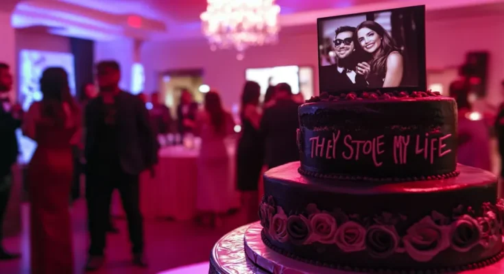 Black cake with a couple photo and words "THEY STOLE MY LIFE" | Source: Midjourney