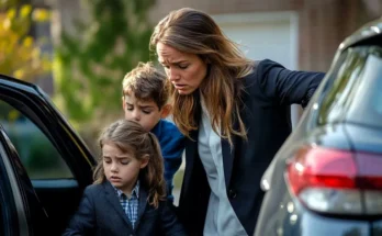 Mom with two kids are in a hurry near the car | Source: Midjourney