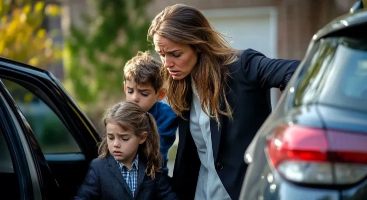 Mom with two kids are in a hurry near the car | Source: Midjourney