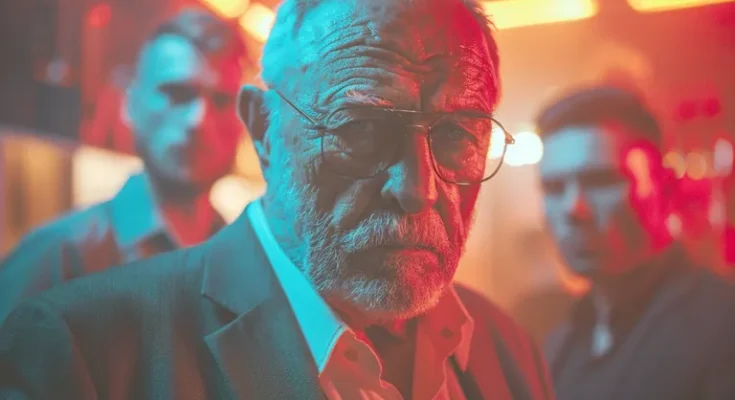 Old man flanked by bouncers in a nightclub | Source: Midjourney