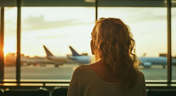 Woman watching the planes through the airport window | Source: Midjourney