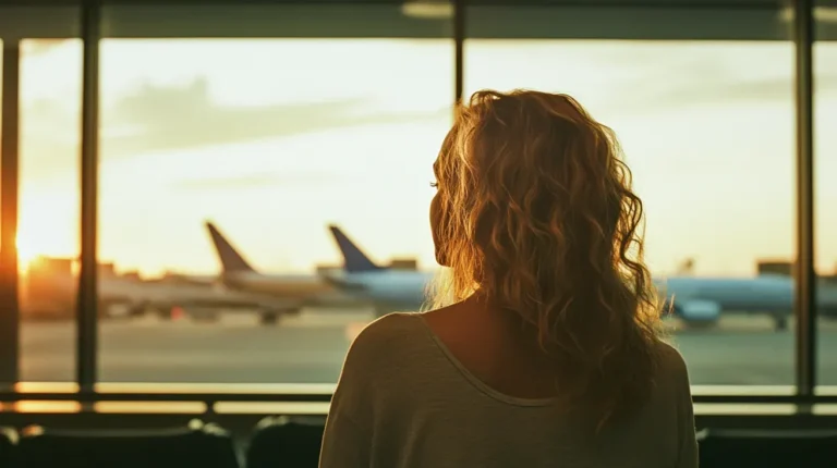 Woman watching the planes through the airport window | Source: Midjourney