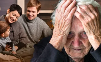 A happy family of three and a distraught older woman | Source: Shutterstock