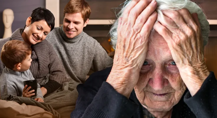 A happy family of three and a distraught older woman | Source: Shutterstock