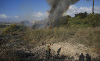 A police officer inspects the area around a fire after the military said it fired interceptors at a missile launched from Yemen that landed in central Israel on Sunday, Sept. 15, 2024. (AP Photo/Ohad Zwigenberg)