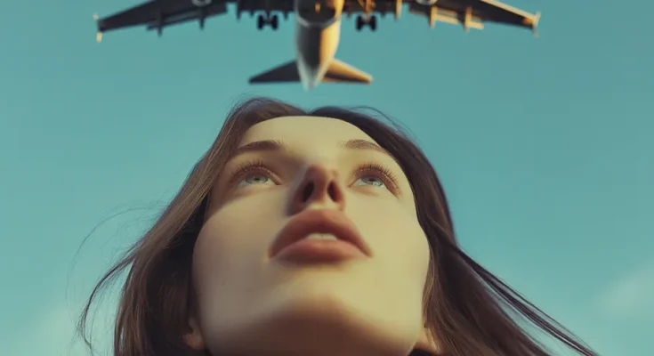 The woman is looking at the plane | Source: Midjourney