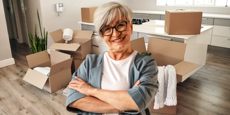 An elderly woman with boxes moving in | Source: Shutterstock