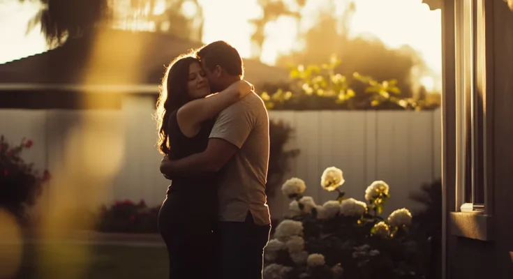 Couple hugging on the porch | Source: Midjourney