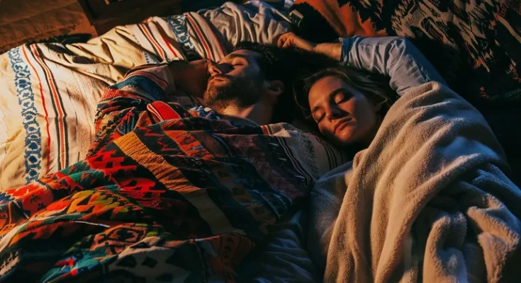 Couple sleeping in a hotel bed | Source: Midjourney