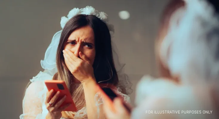 Shocked bride with a phone in her hand looking at herself in a mirror | Source: Getty Images