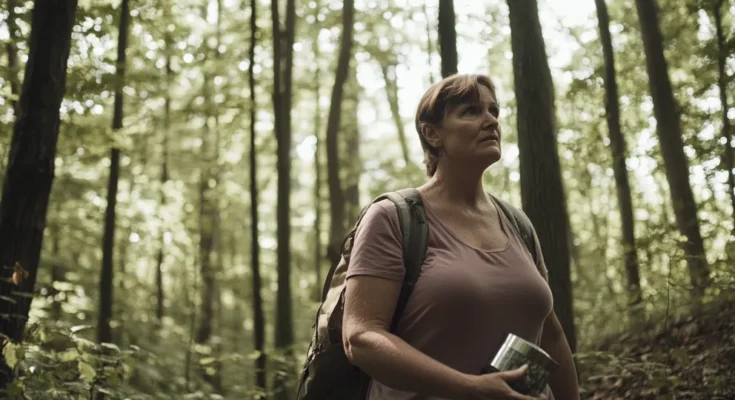 Woman with an ash urn embarks on a solo trip through the woods | Source: Midjourney