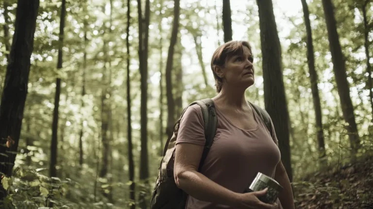 Woman with an ash urn embarks on a solo trip through the woods | Source: Midjourney