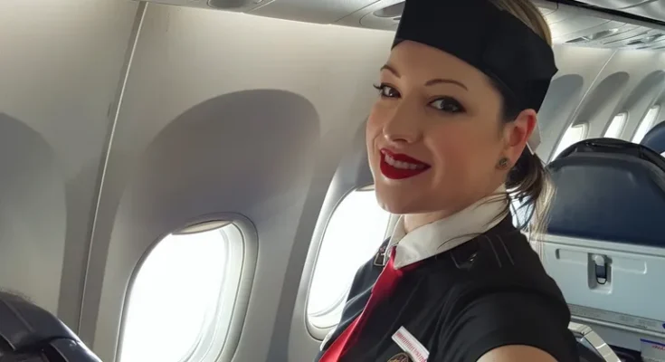 A flight attendant smiling | Source: Midjourney