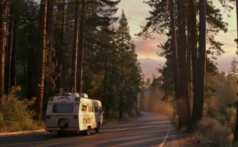 Old RV riding on the forest road | Source: Midjourney