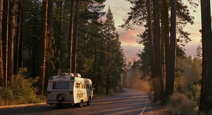 Old RV riding on the forest road | Source: Midjourney