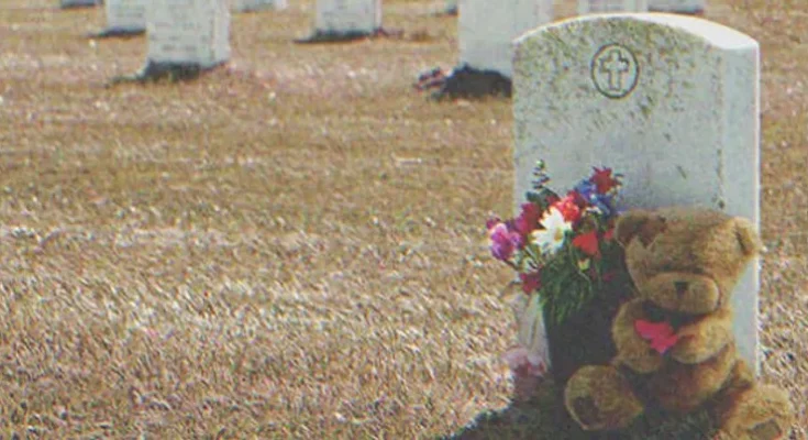 A teddy bear and some flowers next to a grave | Source: Shutterstock