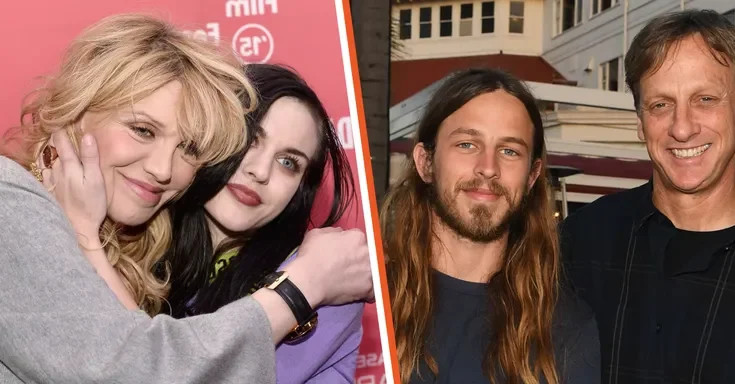 Frances Bean and her mother Courtney Love | Riley Hawk and his father Tony Hawk | Source: Getty Images