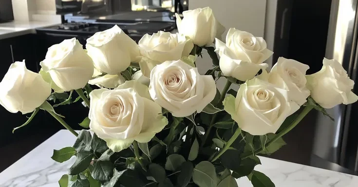 A bouquet of white roses on a kitchen countertop | Source: AmoMama