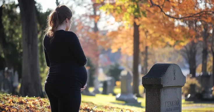 A pregnant woman standing near a grave | Source: Amomama