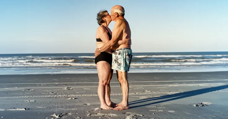 An older couple kissing on the beach | Source: AmoMama