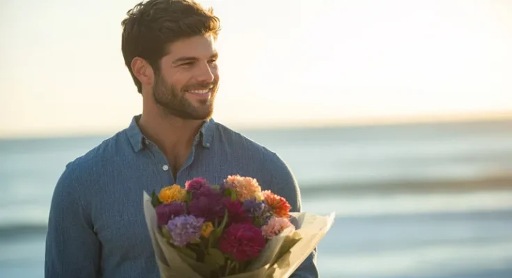 Man holding flowers at the sea coast | Source: Midjourney