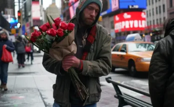 Homeless man walking the street with roses in his hands | Source: Midjourney