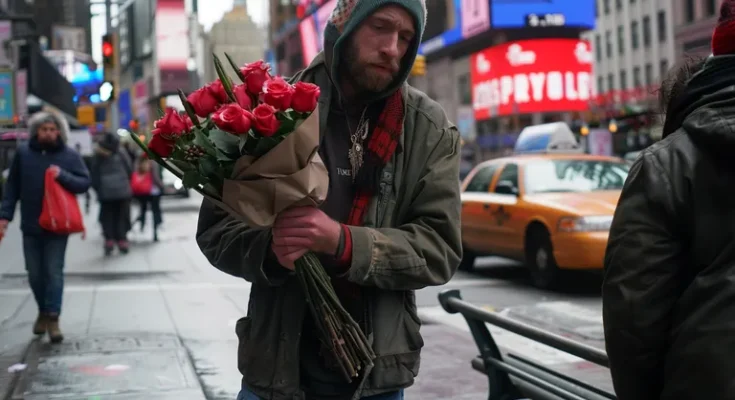 Homeless man walking the street with roses in his hands | Source: Midjourney