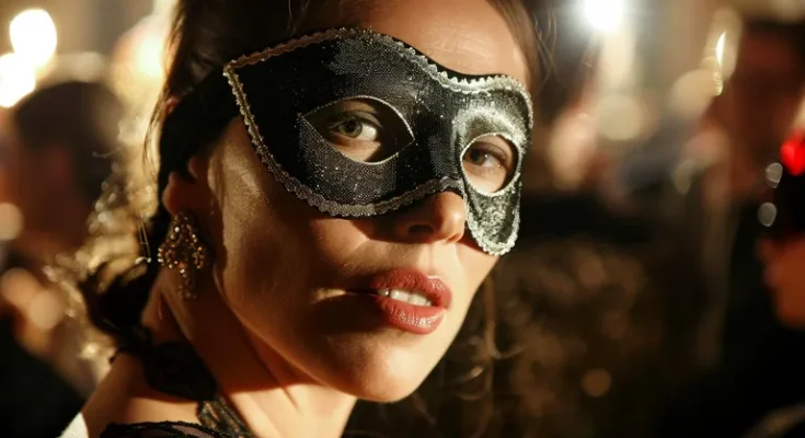 Woman in mask at Halloween party | Source: Midjourney