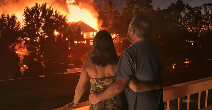 A couple watching a house on fire in their neighborhood | Source: Midjourney