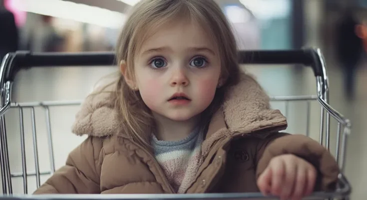 Little girl sitting in shopping cart | Source: Midjourney