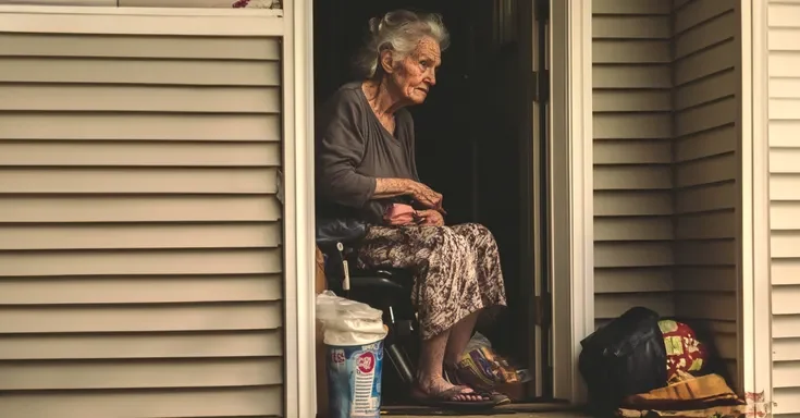 An elderly woman sitting in a doorway | Source: AmoMama