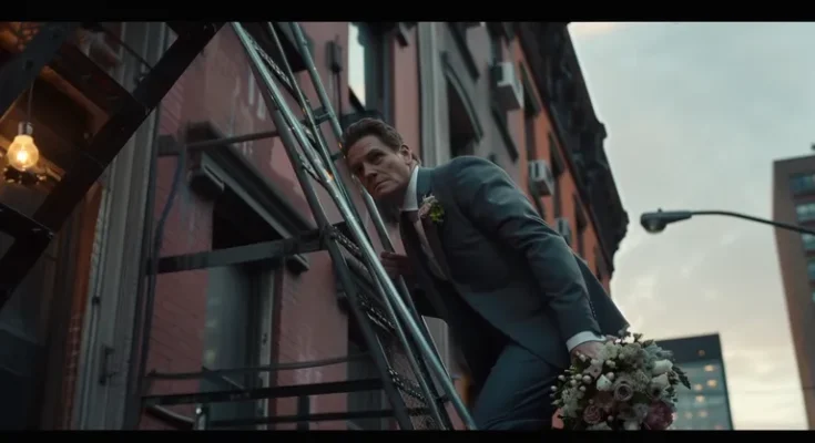 Man in suit climbing the fire escape | Source: Midjourney