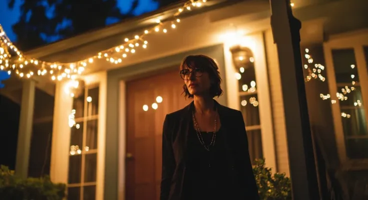 Suspicious woman standing on the porch | Source: Midjourney