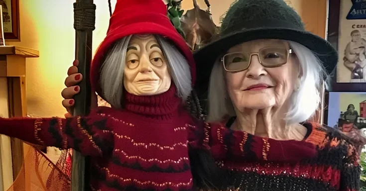 An elderly woman standing next to a witch statue on Halloween | Source: Amomama