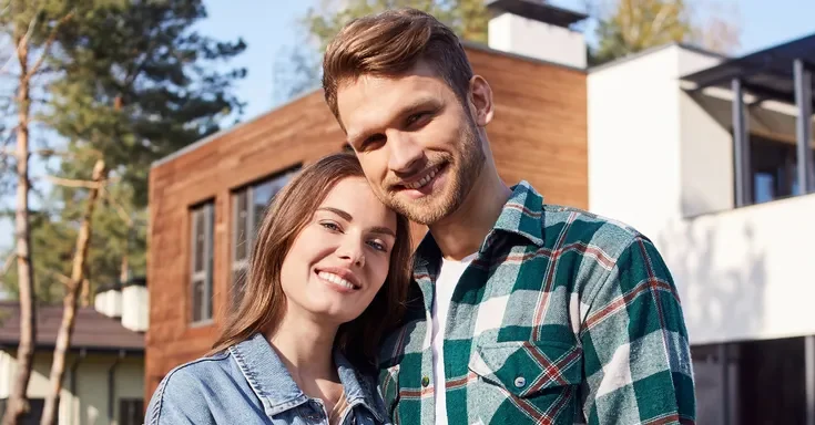 A happy couple in front of their rental house | Source: Shutterstock