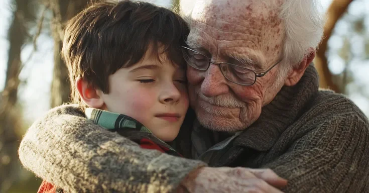 Elderly man hugging a boy | Source: Midjourney