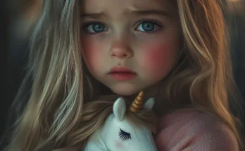 A sad little girl holding a unicorn plushie | Source: Midjourney