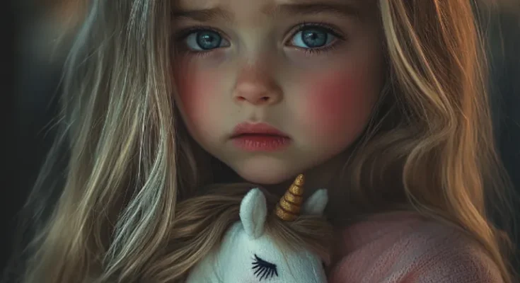 A sad little girl holding a unicorn plushie | Source: Midjourney